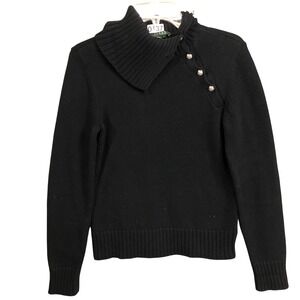 Lauren Ralph Lauren Black Cowl Neck Button Detail Cotton Sweater Size S